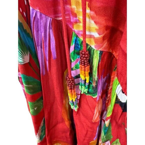 Farm Rio Red Tropical Parrot Wrap Dress XS Asymmetrical Midi Vacation Ready - Picture 10 of 13